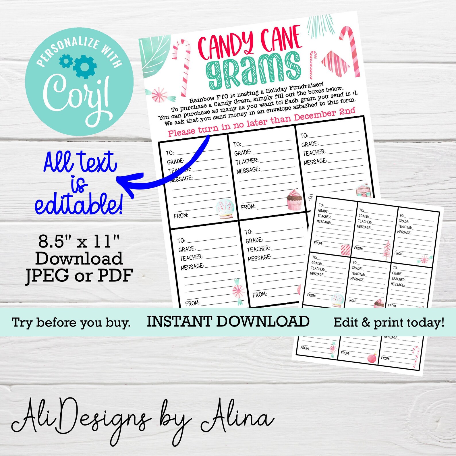 Candy Cane Grams Printable Flyer, Christmas Candy Gram Squares, PTA PTO ...