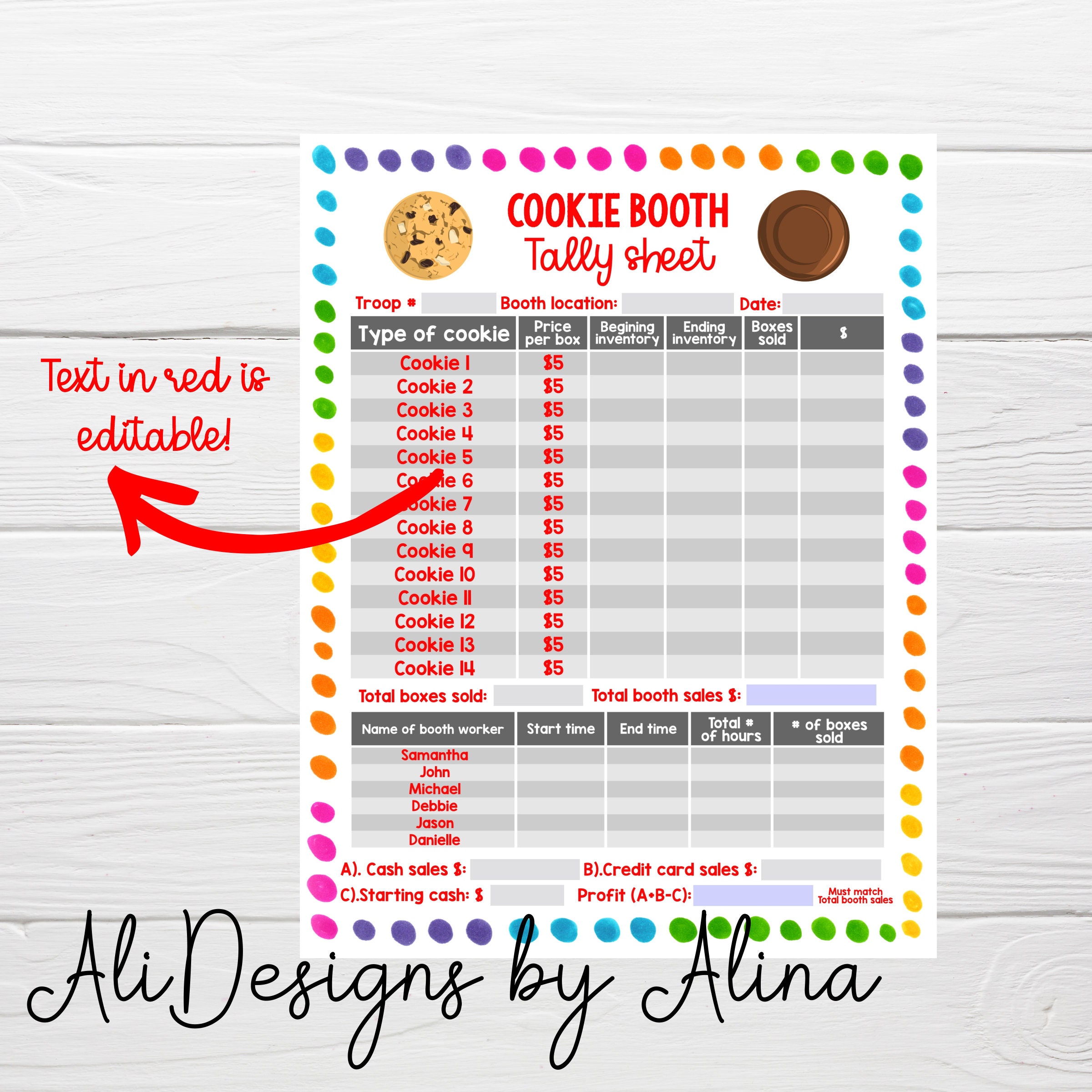 Cookie Booth Tally Sheet EDITABLE Template Cookie Sales Etsy