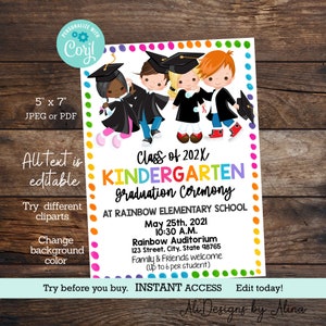 Graduation ceremony invitation, EDITABLE template, DIGITAL DOWNLOAD, Kindergarten Graduation, Class of 2024, Preschool grad