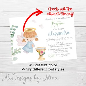 Pode incluir: Um convite imprim&iacute;vel para um batismo com uma ilustra&ccedil;&atilde;o de aquarela de um anjo segurando um c&aacute;lice. O convite &eacute; para o batismo de Alessandra em 10 de agosto de 2021. O texto inclui a hora e o local da cerim&ocirc;nia e da recep&ccedil;&atilde;o.