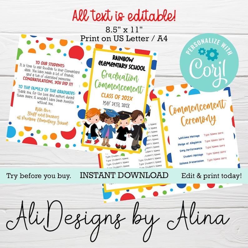 May include: Printable graduation commencement ceremony program template with colorful polka dots and a rainbow design. The text is editable and includes the words "Rainbow Elementary School", "Graduation Commencement", "Class of 202X", "May 24th 202X", and "Commencement Ceremony".