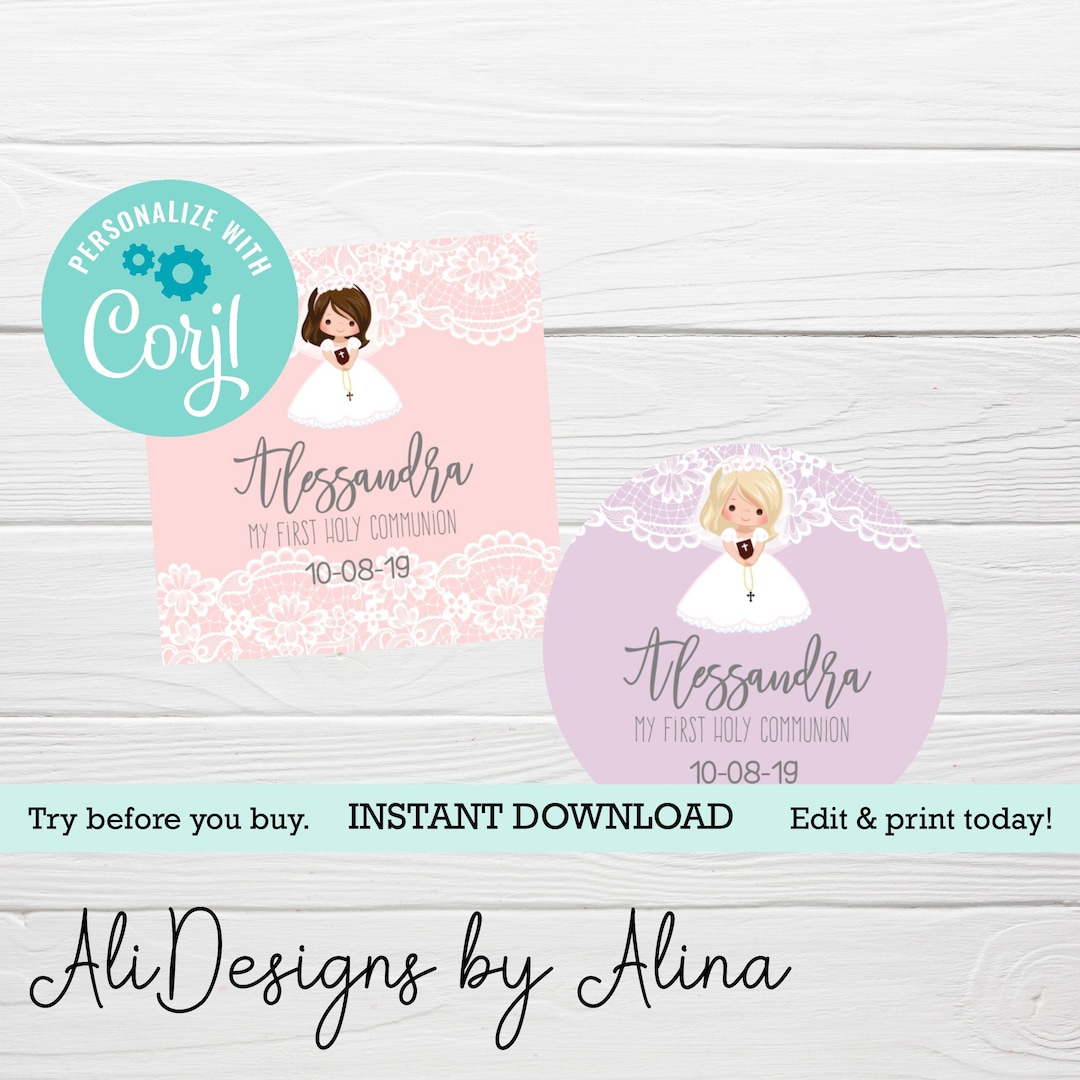 First Holy Communion, EDITABLE Favor Tags, Girl Communion Favors ...
