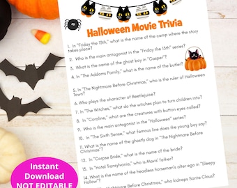 Juego de Halloween, trivia de películas espeluznantes, divertido juego de fiesta de Halloween para adultos o adolescentes, juego imprimible de fiesta de Halloween, juego de trivia de Halloween