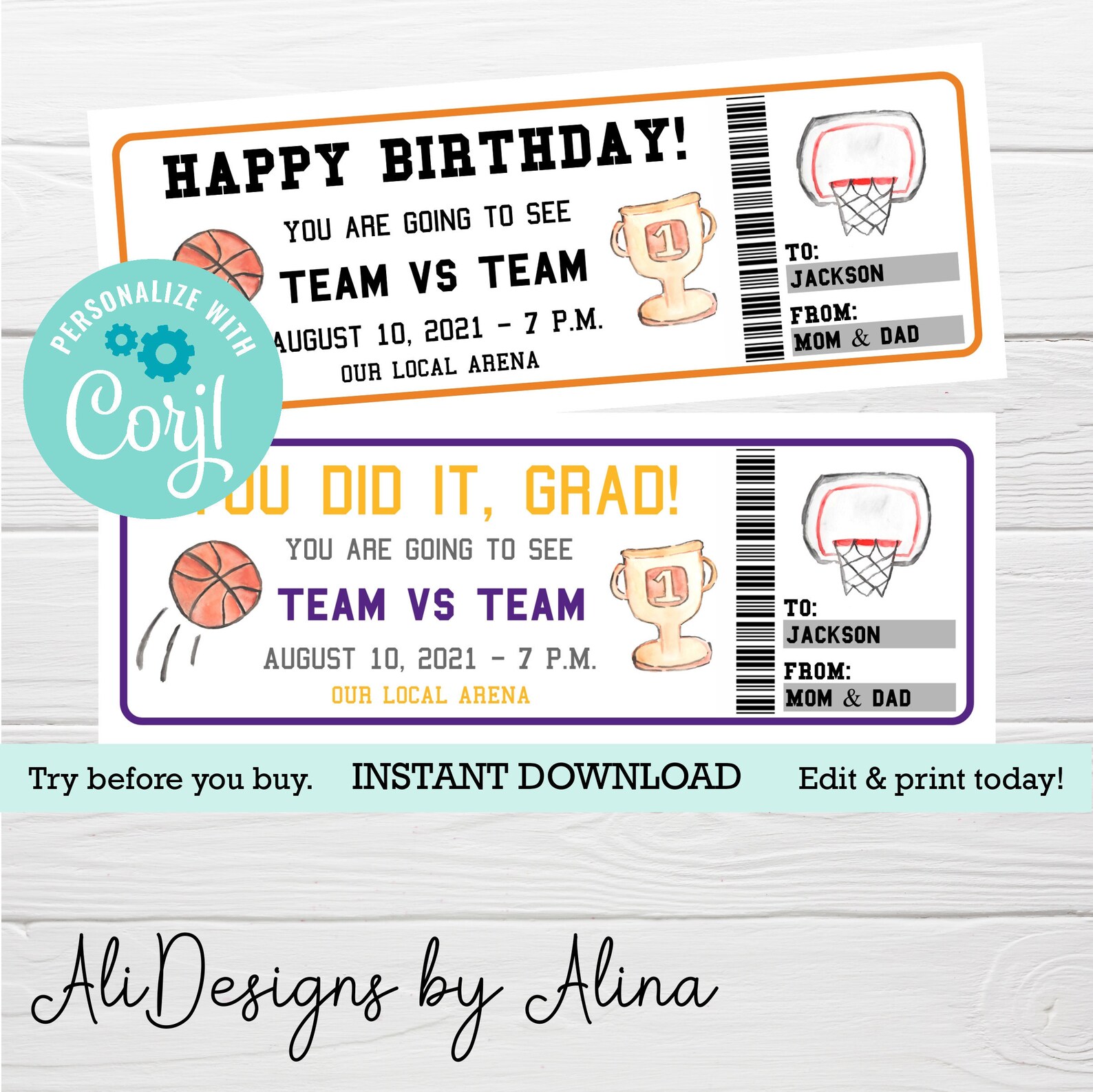 Basketball Ticket Printable Template Basketball Game Gift - Etsy