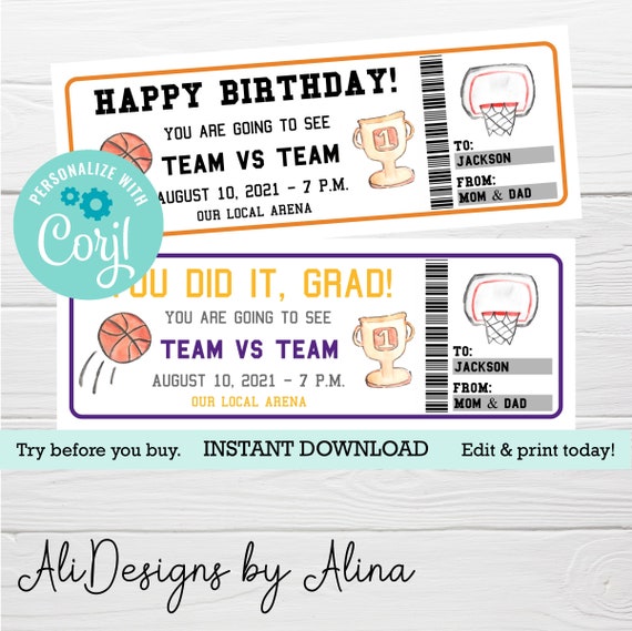 Basketball Ticket Printable Template Basketball Game Gift - Etsy