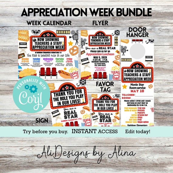Movies theme, Hollywood Stars Teachers Staff appreciation week, EDITABLE bundle, calendar, room Service, Luncheon invite, tag sign, PTA PTO