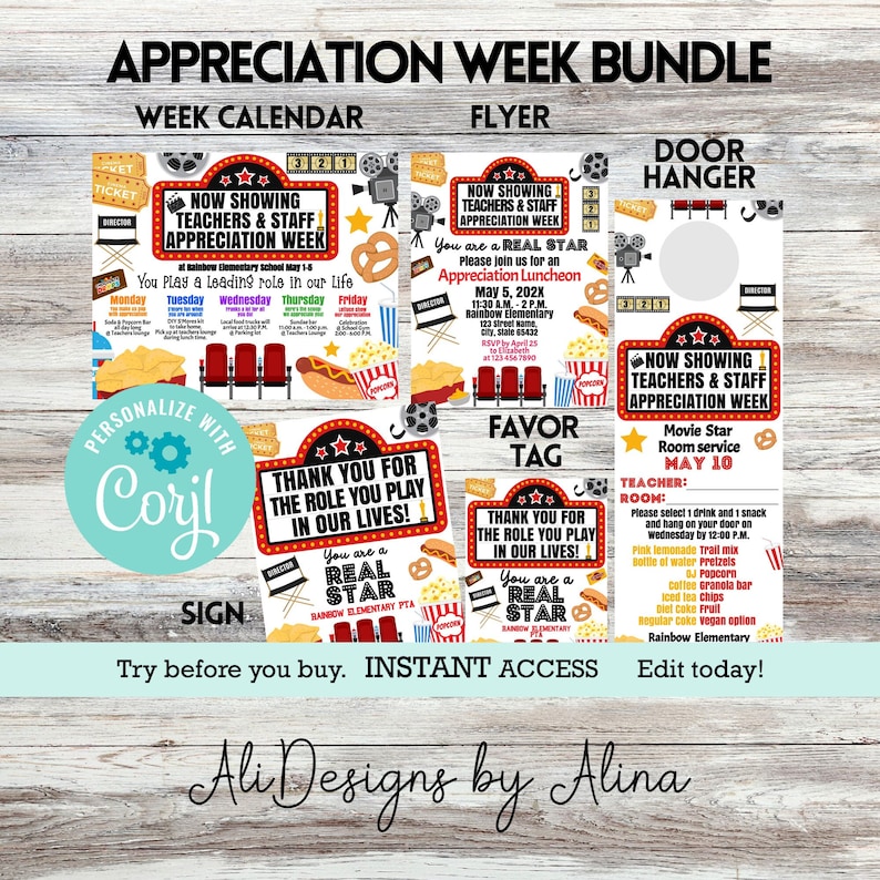 Movies theme, Hollywood Stars Teachers Staff appreciation week, EDITABLE bundle, calendar, room Service, Luncheon invite, tag sign, PTA PTO