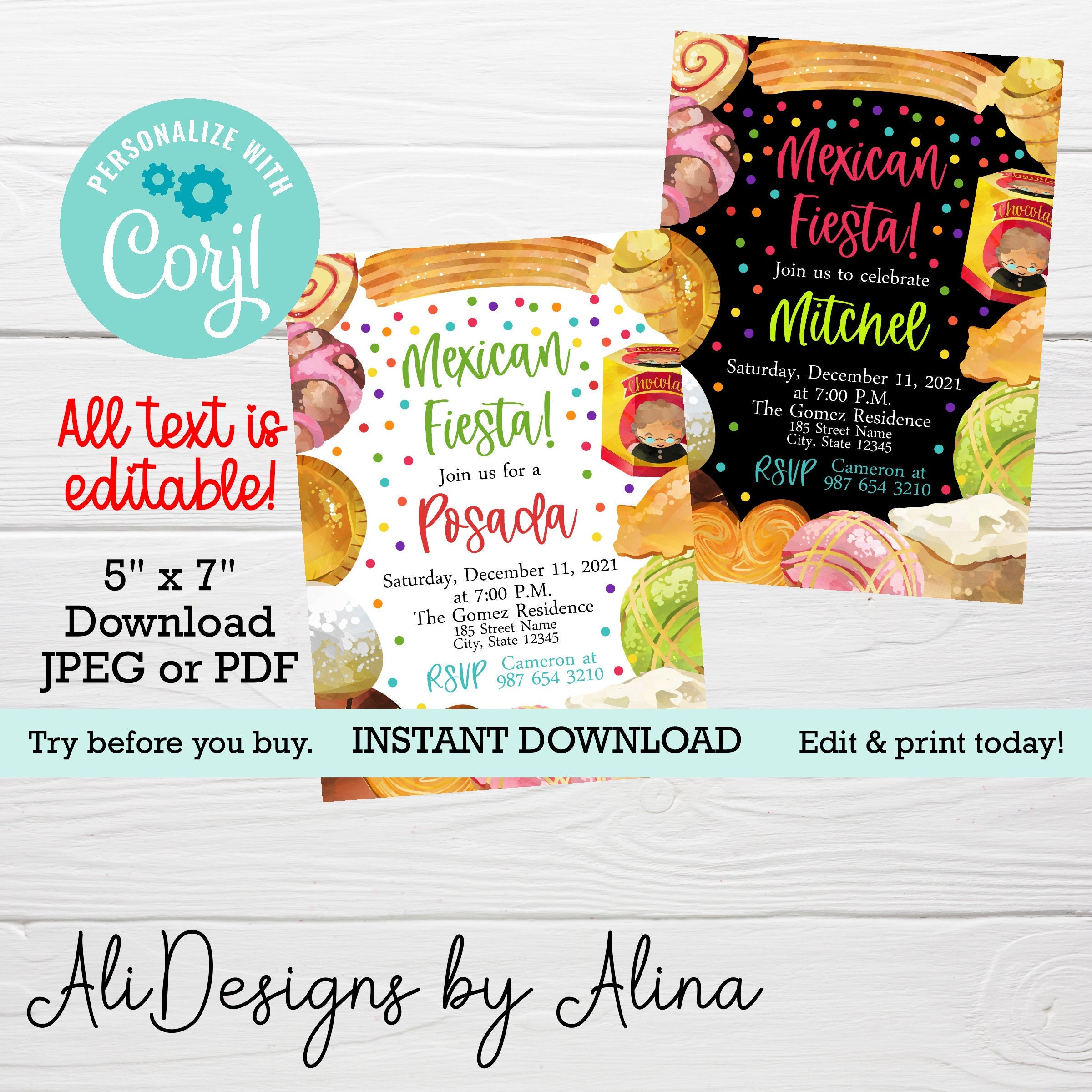 Posada invitation, Mexican inspired party invite, EDITABLE template, PRINTABLE fiesta invitation, Mexican sweets, Churro party