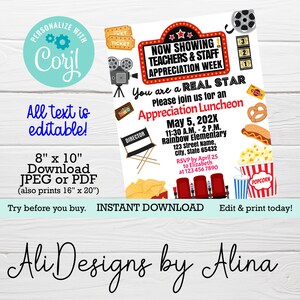 Movies theme, Hollywood Stars Teachers Staff appreciation week, EDITABLE bundle, calendar, room Service, Luncheon invite, tag sign, PTA PTO image 6