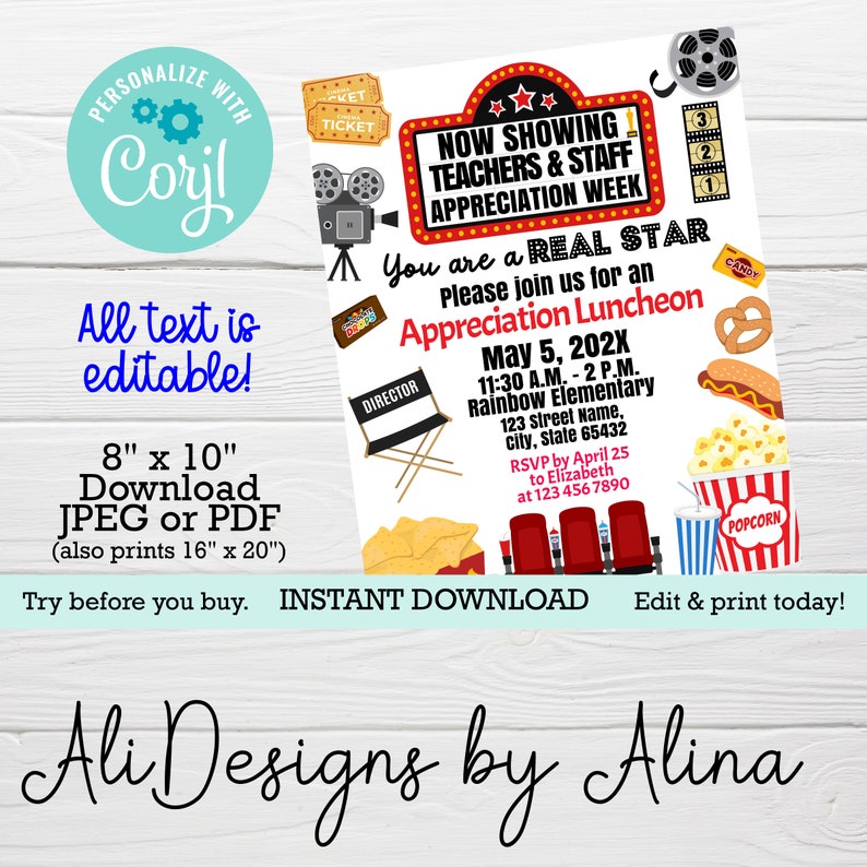 Movies theme, Hollywood Stars Teachers Staff appreciation week, EDITABLE bundle, calendar, room Service, Luncheon invite, tag sign, PTA PTO image 6