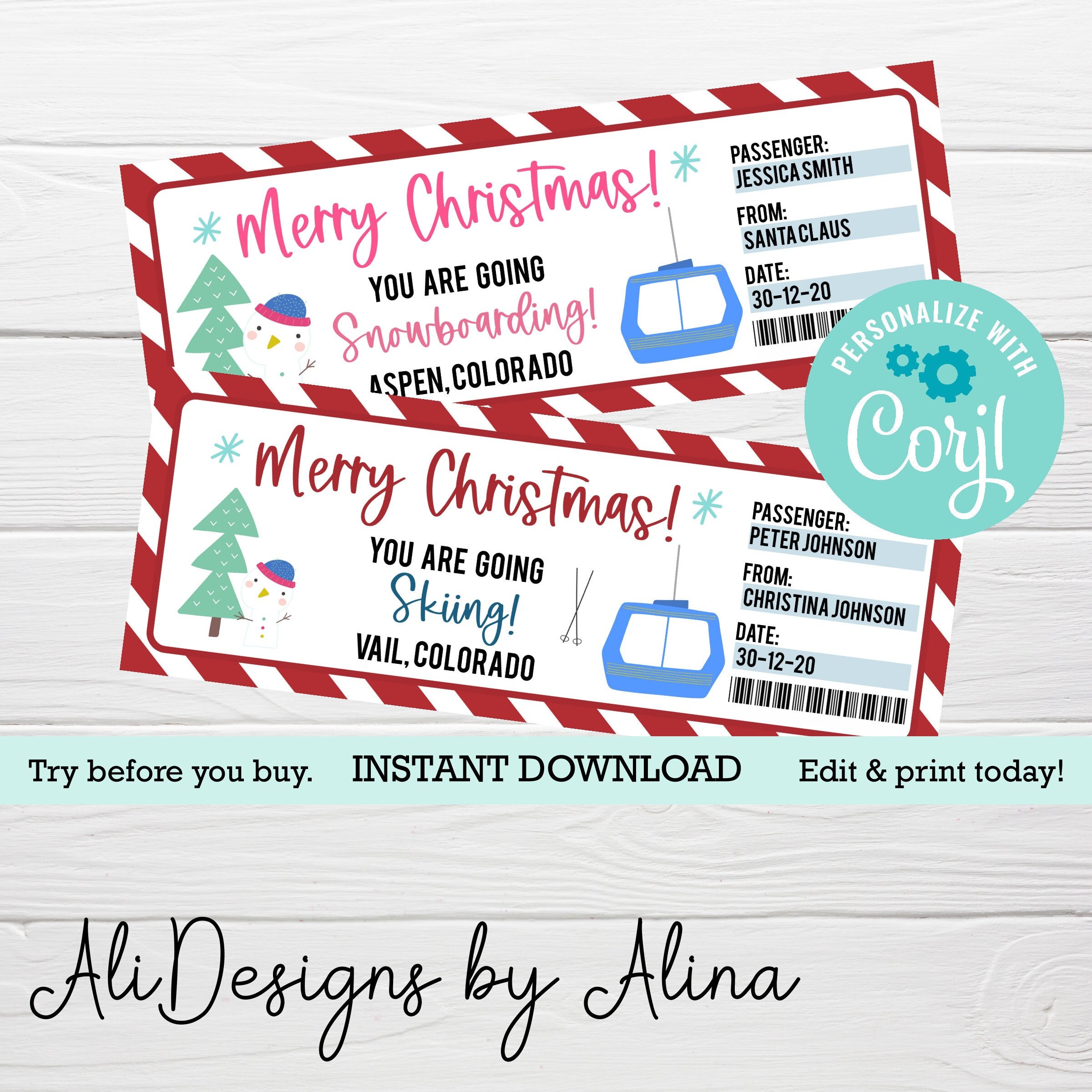 Ski Trip Certificate Christmas Gift Printable Voucher Etsy