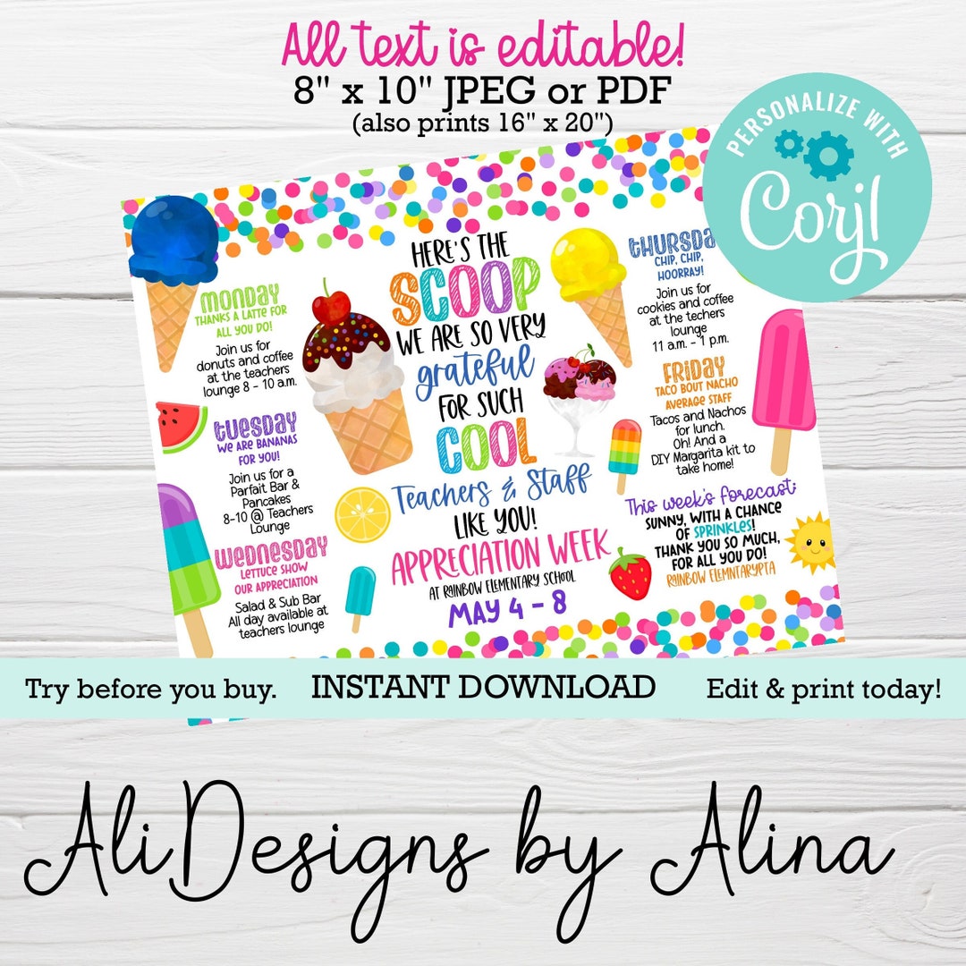 Here's the Scoop Appreciation Week Itinerary, Cool Teachers Staff