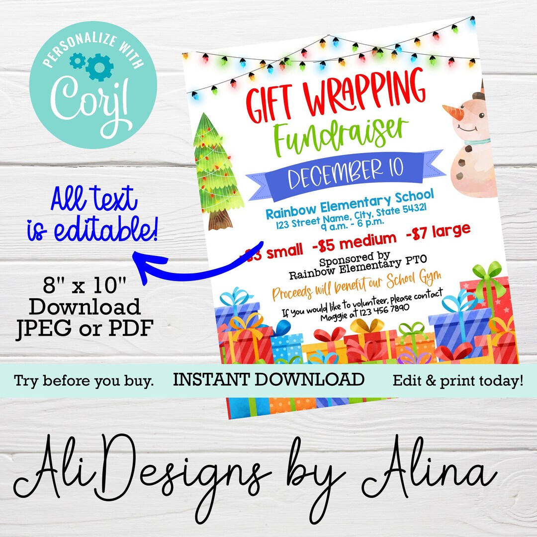 Holiday Gift Wrapping Fundraiser Flyer, Editable Template, PTA PTO