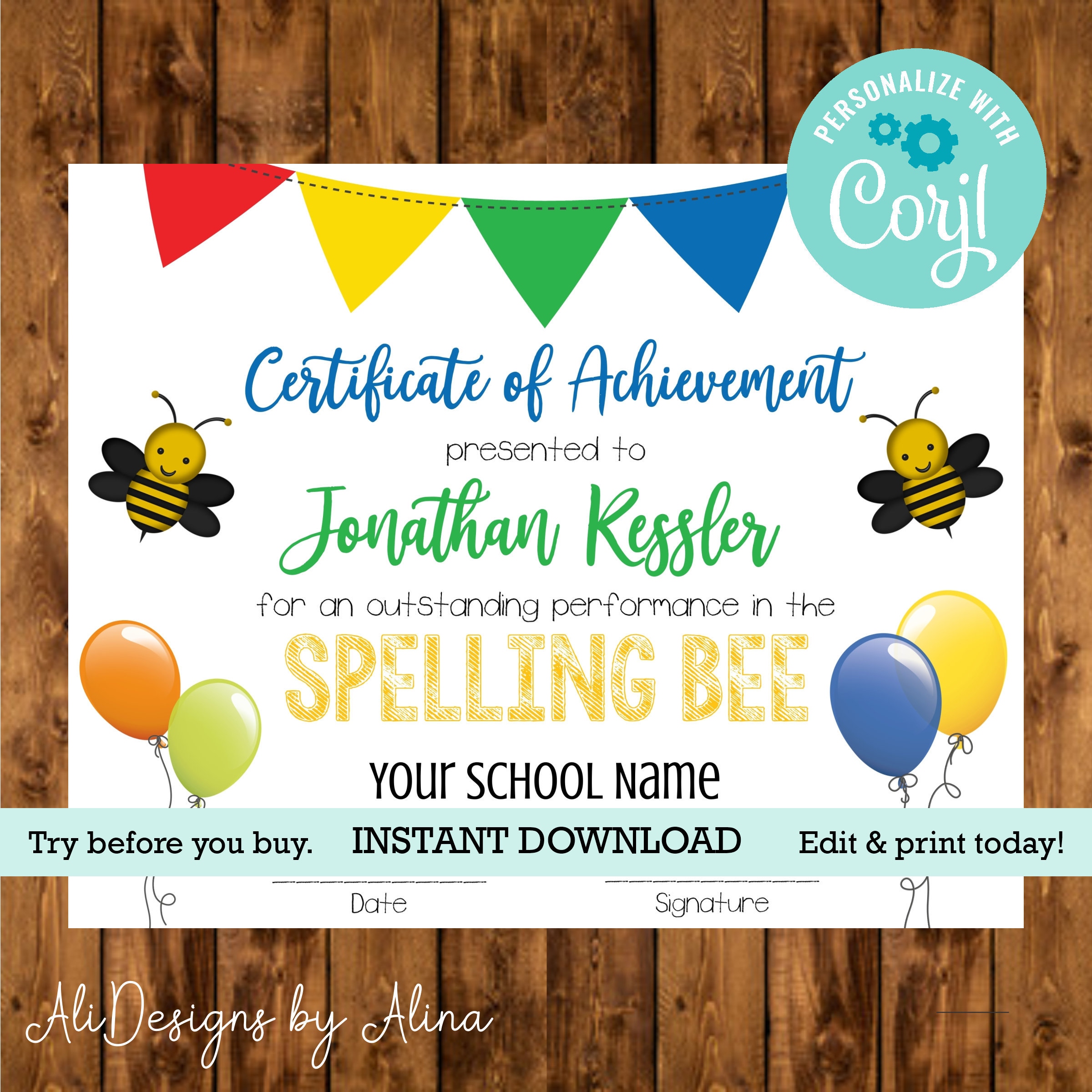 Spelling bee diploma, EDITABLE template, digital download, school award For Spelling Bee Award Certificate Template