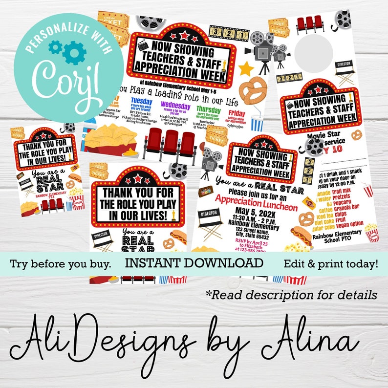 Movies theme, Hollywood Stars Teachers Staff appreciation week, EDITABLE bundle, calendar, room Service, Luncheon invite, tag sign, PTA PTO image 2