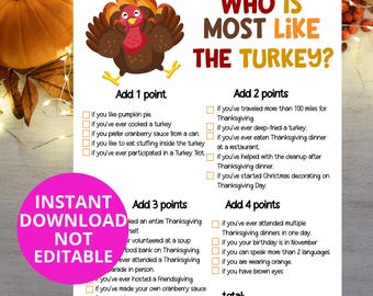 Thanksgiving Game Who Is Most Like the Turkey | Friendsgiving Printable Game | Fun Icebreaker for Office Parties Groups | Kids and  Adults