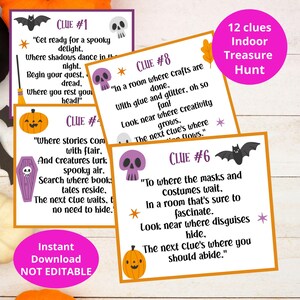 Búsqueda del tesoro de Halloween para niños, búsqueda del tesoro en interiores, juego imprimible de Halloween, pistas de búsqueda del tesoro, juegos de fiesta de Halloween, descarga en PDF