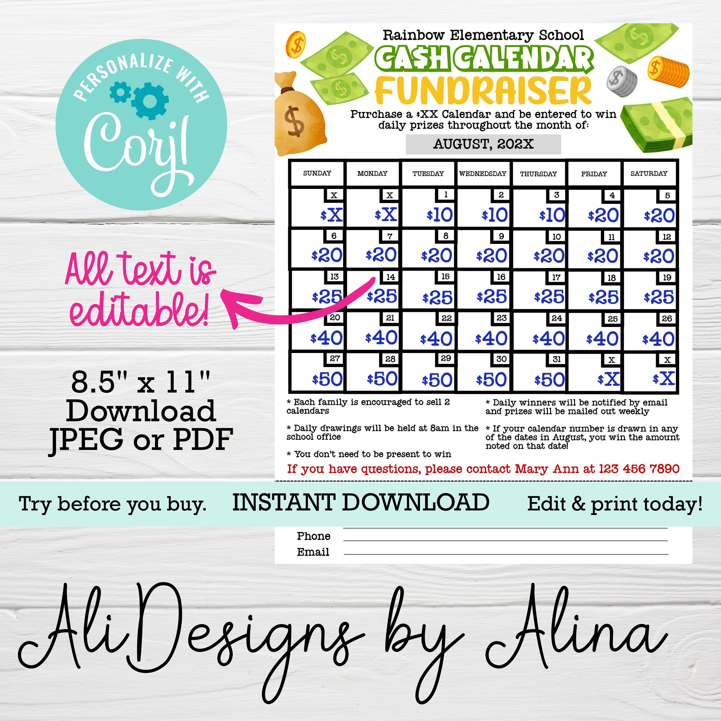 Cash Calendar Fundraiser Flyer, Pick a Date to Donate EDITABLE Take ...