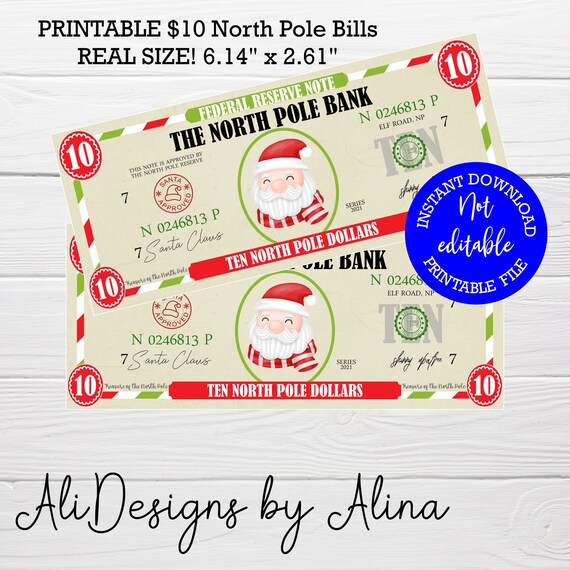 Santa Money PRINTABLE Pdf Ten Dollar Bills North Pole | Etsy