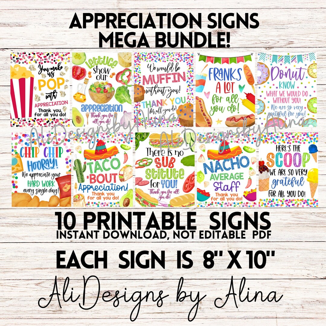 Appreciation Signs PRINTABLE Bundle, Teacher Appreciation Employee ...