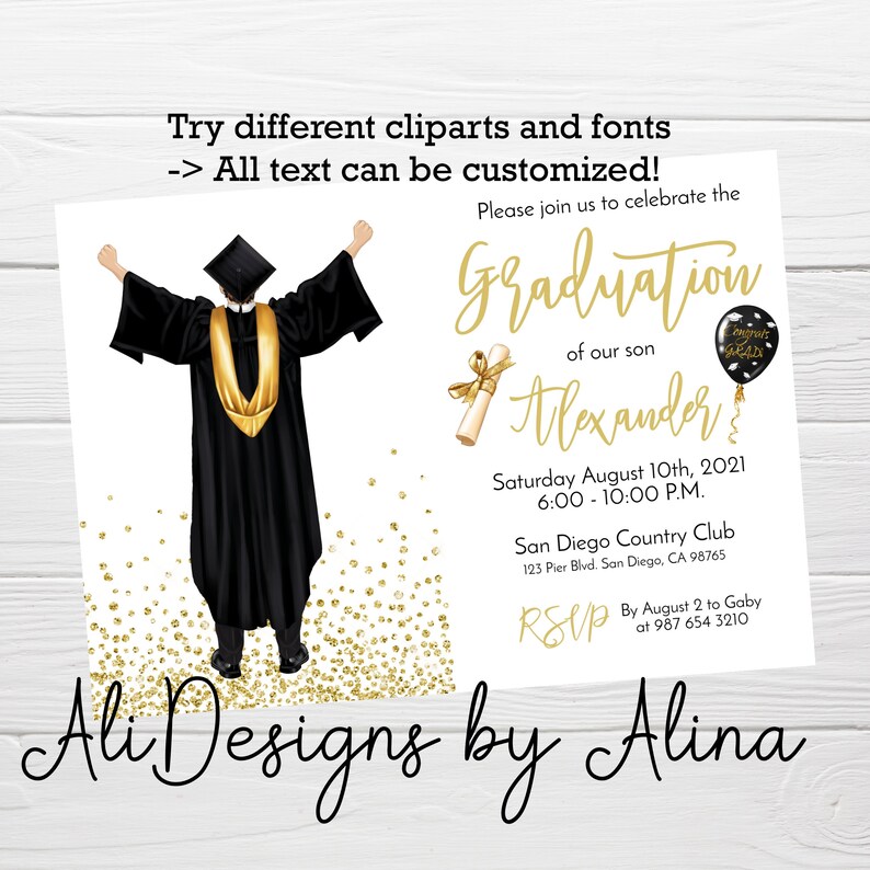 Black & Gold Graduation Party Invitation: Editable Template (digital ...
