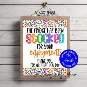 The fridge has been stocked for your enjoyment sign, PTA PTO, Teacher appreciation, Employee thank you, Break room sign, Teacher lounge sign