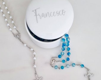 Personalised Ceramic Trinket with Rosary Beads; Christening Gift; Baptism Gift; Religious Gift