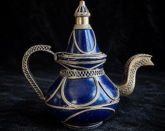 Bule de chá marroquino vintage esmaltado com filigrana em metal / Bule de chá decorativo azul cobalto