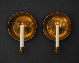 Set di due applique da parete vintage danesi in ottone / Portacandele riflettenti in ottone stile metà secolo