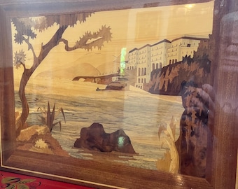 ヴィンテージ イタリア 寄木細工 ウォールアート / 海岸沿いの象嵌細工