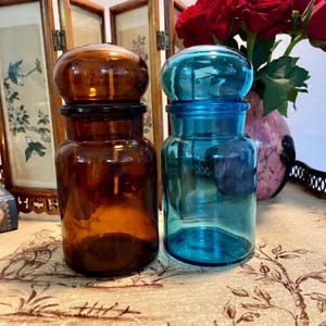 Pair of Vintage Glass Apothecary Jars – Amber & Blue – Made in Belgium