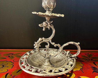 アンティークシルバーメタルドラゴンキャンドルホルダー - 20世紀初頭