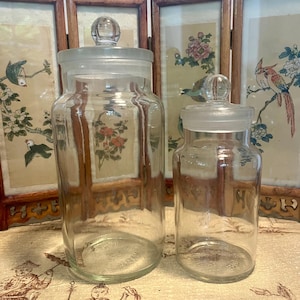 Pair of Vintage British Apothecary Jars – Clear Glass Storage Jars with Ground Glass Stoppers