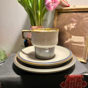 May include: A vintage ceramic coffee cup and saucer set with a brown, gray, and blue glaze. The cup and saucer are sitting on a black book with the title "The Works of Oscar Wilde" on the spine.