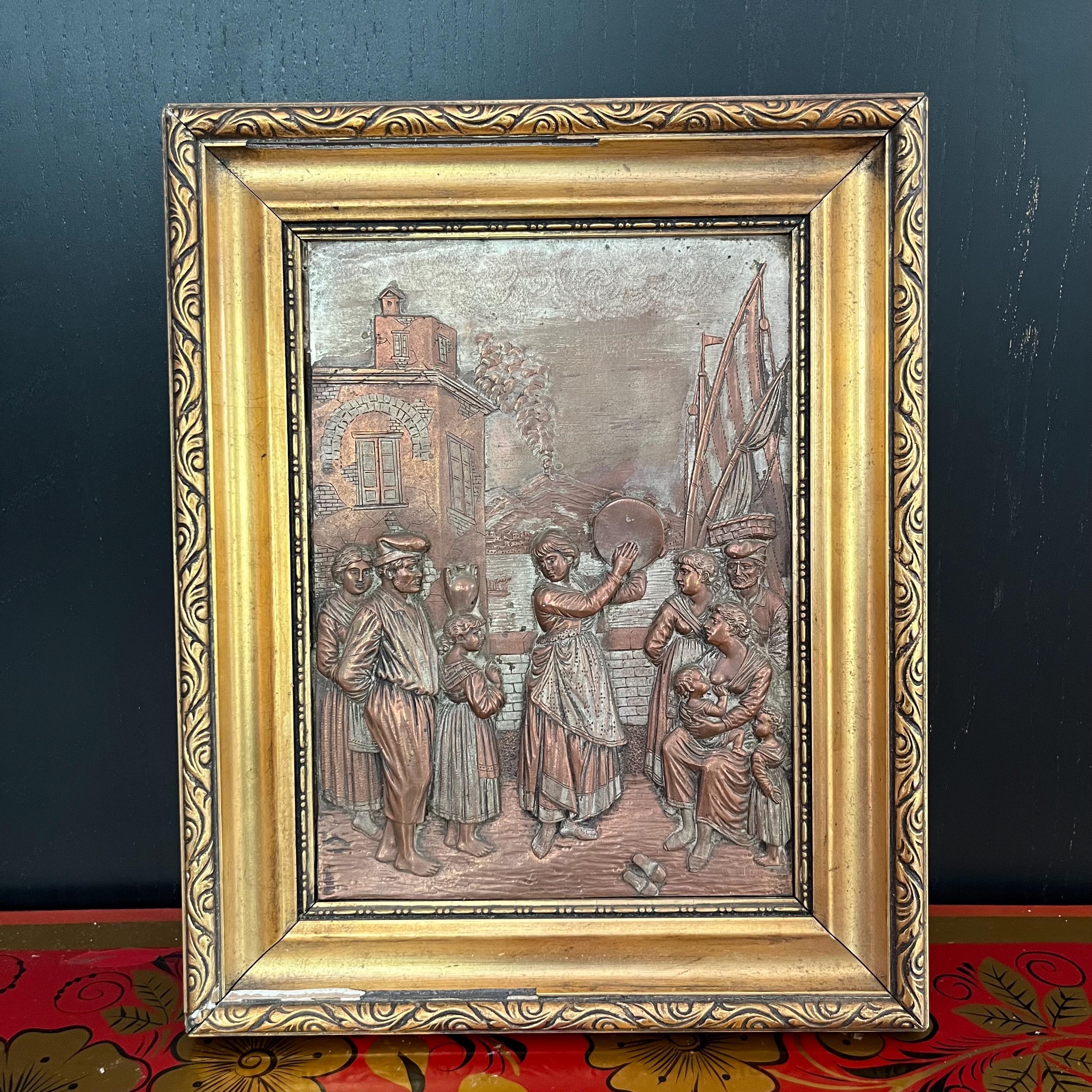 SV925 イタリア レリーフ 銀製 風景画 絵画 ヴィンテージ イタリア製銅製レリーフプレート：タンバリンダンサー