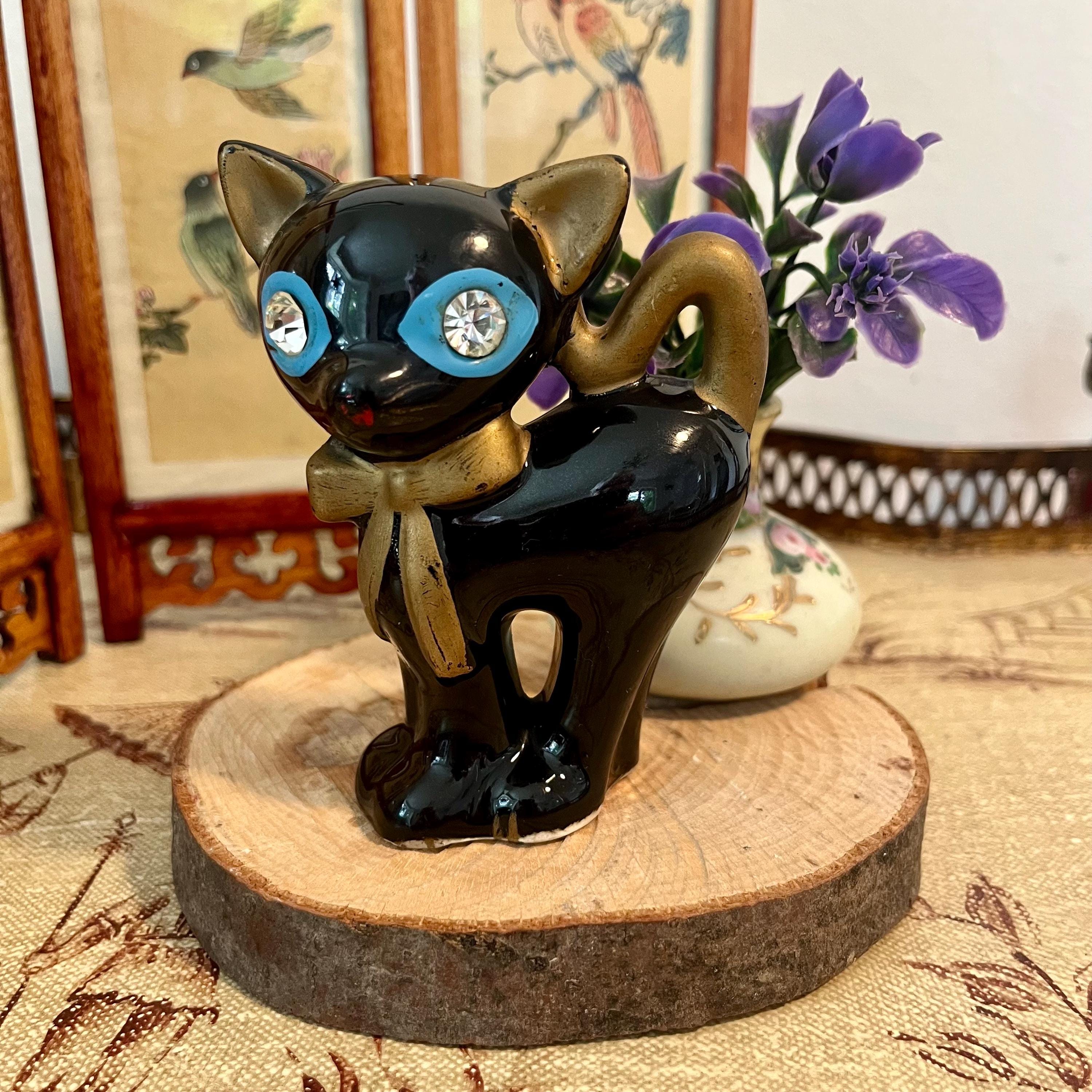 Vintage Black Ceramic Cat Figurine – Blue Rhinestone Eyes, Gold