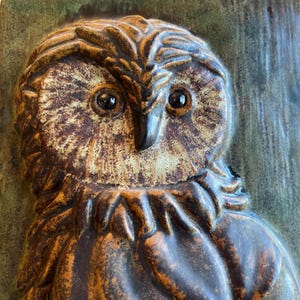 May include: A ceramic owl sculpture with a detailed, textured design. The owl features brown, tan, and black tones, with large, dark eyes and a prominent beak. The background is a muted green, enhancing the owl's earthy colours.