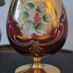 Beautiful Vintage Hand Decorated Red Czechoslovakian Bohemian Brandy Glass