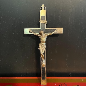 Vintage Brass & Ebony Crucifix with INRI Plaque – Wall Hanging Christian Cross – “IMPORT” Marked