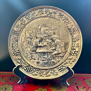 Vintage Brass Wall Plate | Tavern Scene Relief | Decorative Metal Plate | Dutch Style Wall Art | Mid-Century Home Decor