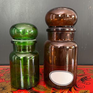 Set of 2 Vintage Apothecary Jars – Amber & Green Glass – Made in Belgium