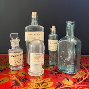Antique Apothecary Bottle Lot – Boracic Acid, Phenol Mixture, Hydrogen Peroxide, Seed Jar & More