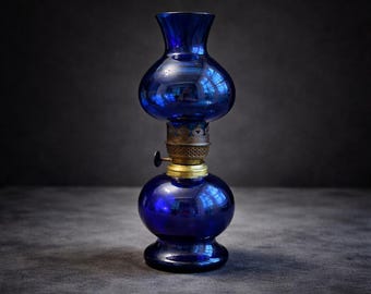 Antique Cobalt Blue Glass Oil Lamp – Miniature Victorian Kerosene Lamp, Collectible Decor