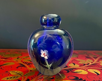 Vintage Italian Cobalt Blue Art Glass Bud Vase with Encased Flower