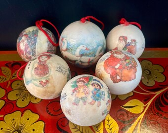 Vintage Papier-Mâché Christmas Ornaments – Set of 6 | Retro Decoupage Baubles