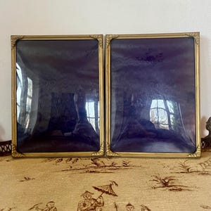 Pair of Vintage Danish Brass Convex Glass Frames | Made in Denmark | Art Deco Wall Frames with Ornate Corners