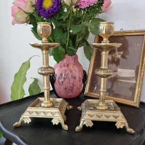 Stunning Set Of Two Antique Brass Square Footed Candlestick Holders