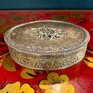 Antique French Bronze Jewelry Box – Rococo Rocaille Oval Trinket Box with Blue Velvet Lining