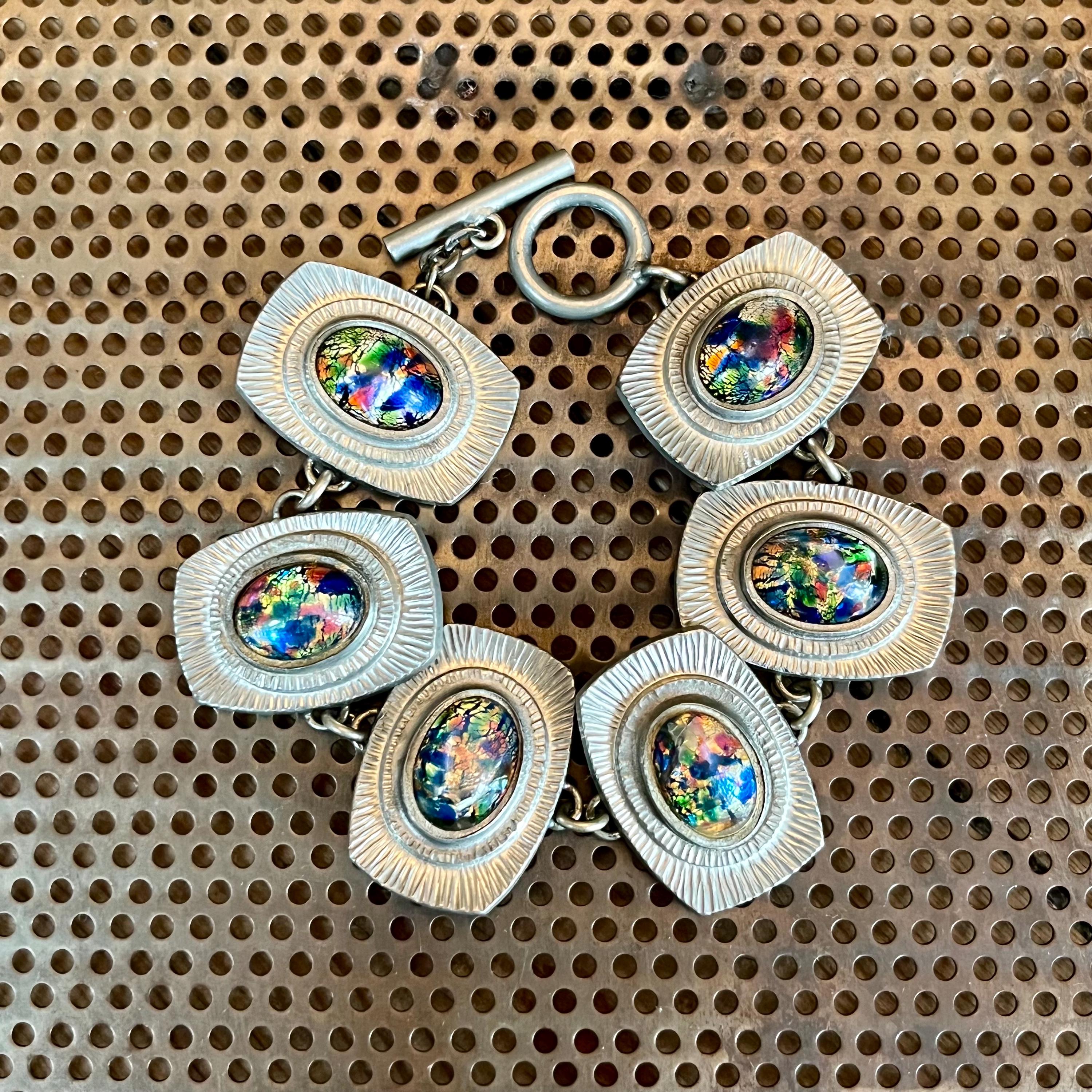 Vintage Jørgen Jensen Pewter Bracelet, Art Glass Cabochons, Danish