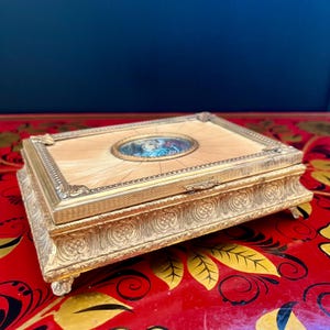 Vintage Italian Gilded Jewelry Box with Romantic Pastoral Scene - Made in Italy
